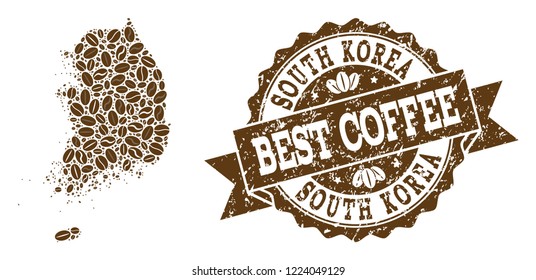 Compositions of coffee map of South Korea and grunge stamp seal. Mosaic vector map of South Korea is composed with coffee beans. Flat design elements for cafeteria applications.