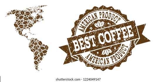 Compositions of coffee map of South and North America and grunge stamp seal. Mosaic vector map of South and North America is created with coffee beans. Flat design elements for cafeteria purposes.