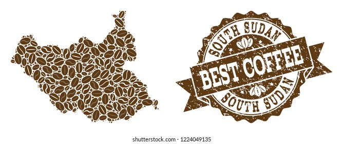 Compositions of coffee map of South Sudan and grunge stamp seal. Mosaic vector map of South Sudan is designed with coffee beans. Flat design elements for cafeteria projects. Stamp contains rosette,