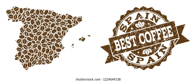 Compositions of coffee map of Spain and grunge stamp seal. Mosaic vector map of Spain is designed with coffee beans. Flat design elements for cafeteria illustrations. Stamp contains rosette, ribbon,