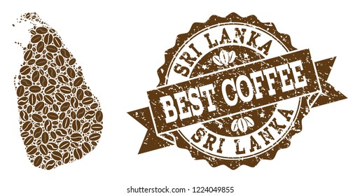 Compositions of coffee map of Sri Lanka and grunge stamp seal. Mosaic vector map of Sri Lanka is created with coffee beans. Flat design elements for coffeeshop advertisement. Stamp contains rosette,
