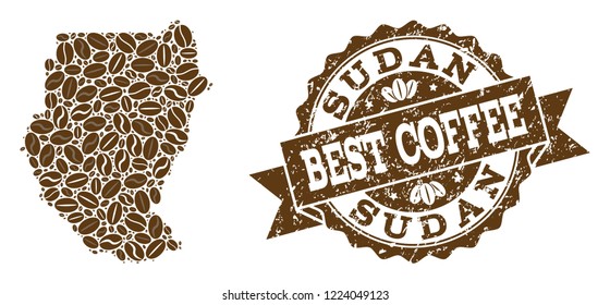 Compositions of coffee map of Sudan and grunge stamp seal. Mosaic vector map of Sudan is designed with coffee beans. Abstract design elements for cafeteria advertisement. Stamp contains rosette,