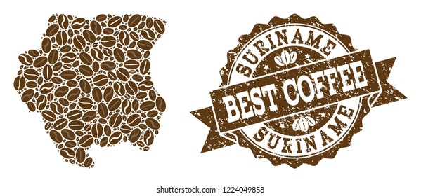 Compositions of coffee map of Suriname and grunge stamp seal. Mosaic vector map of Suriname is created with coffee beans. Abstract design elements for coffeeshop advertisement. Stamp contains rosette,