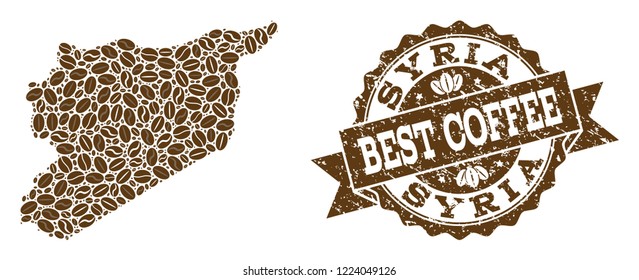Compositions of coffee map of Syria and grunge stamp seal. Mosaic vector map of Syria is formed with coffee beans. Abstract design elements for cafeteria wallpapers. Stamp contains rosette, ribbon,