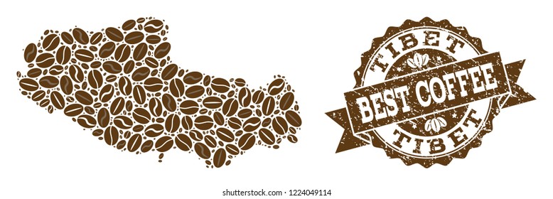 Compositions of coffee map of Tibet and grunge stamp seal. Mosaic vector map of Tibet is formed with coffee beans. Flat design elements for cafeteria illustrations. Stamp contains rosette, ribbon,