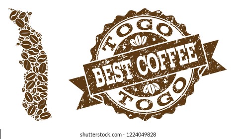 Compositions of coffee map of Togo and grunge stamp seal. Mosaic vector map of Togo is designed with coffee beans. Flat design elements for coffeeshop projects. Stamp contains rosette, ribbon, circle,
