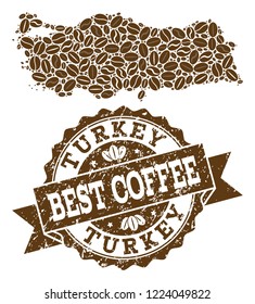 Compositions of coffee map of Turkey and grunge stamp seal. Mosaic vector map of Turkey is designed with coffee beans. Abstract design elements for cafeteria applications. Stamp contains rosette,