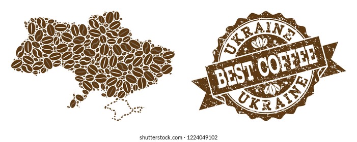 Compositions of coffee map of Ukraine and grunge stamp seal. Mosaic vector map of Ukraine is designed with coffee beans. Abstract design elements for coffeeshop illustrations. Stamp contains rosette,