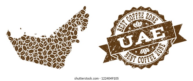 Compositions of coffee map of United Arab Emirates and grunge stamp seal. Mosaic vector map of United Arab Emirates is composed with coffee beans. Abstract design elements for cafeteria posters.