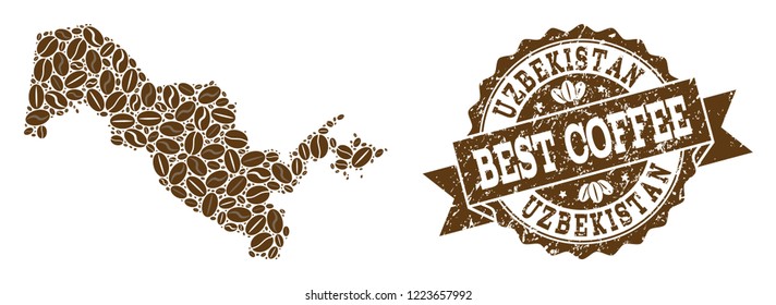 Compositions of coffee map of Uzbekistan and grunge stamp seal. Mosaic vector map of Uzbekistan is composed with coffee beans. Abstract design elements for coffeeshop purposes. Stamp contains rosette,