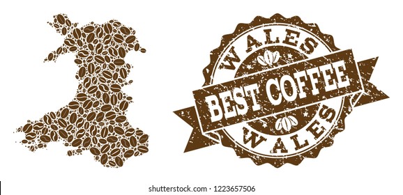 Compositions of coffee map of Wales and grunge stamp seal. Mosaic vector map of Wales is composed with coffee beans. Flat design elements for cafeteria posters. Stamp contains rosette, ribbon, circle,