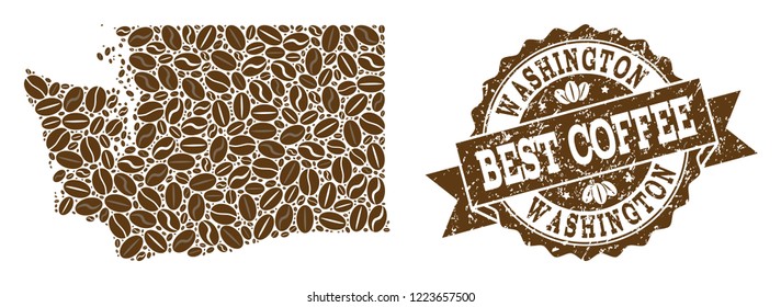 Compositions of coffee map of Washington State and grunge stamp seal. Mosaic vector map of Washington State is composed with coffee beans. Abstract design elements for cafe illustrations.