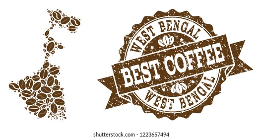 Compositions of coffee map of West Bengal State and grunge stamp seal. Mosaic vector map of West Bengal State is created with coffee beans. Flat design elements for cafe wallpapers.
