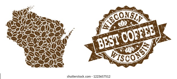 Compositions of coffee map of Wisconsin State and grunge stamp seal. Mosaic vector map of Wisconsin State is created with coffee beans. Flat design elements for coffeeshop applications.
