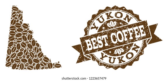 Compositions of coffee map of Yukon Province and grunge stamp seal. Mosaic vector map of Yukon Province is created with coffee beans. Abstract design elements for cafeteria applications.