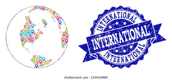 Compositions of colorful global map of world and grunge stamp seal. Mosaic vector global map of world is designed with colorful map pins. Flat design elements for politic applications.