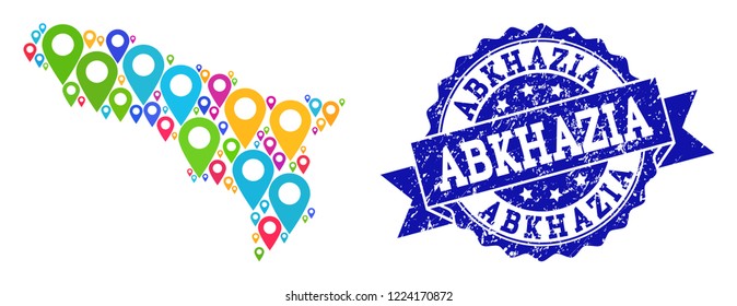 Compositions of colorful map of Abkhazia and grunge stamp seal. Mosaic vector map of Abkhazia is designed with colorful site pins. Abstract design elements for site guides.