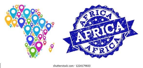 Compositions of colorful map of Africa and grunge stamp seal. Mosaic vector map of Africa is formed with colorful site pins. Flat design elements for site posters. Blue stamp contains rosette, ribbon,