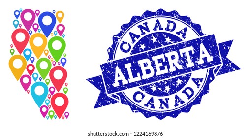 Compositions of colorful map of Alberta Province and grunge stamp seal. Mosaic vector map of Alberta Province is created with colorful site pointers.