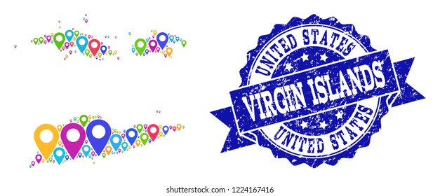 Compositions of colorful map of American Virgin Islands and grunge stamp seal. Mosaic vector map of American Virgin Islands is designed with colorful site pointers.