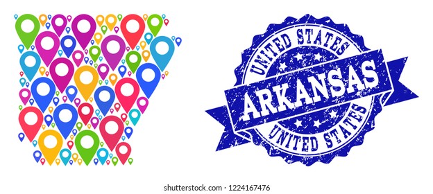 Compositions of colorful map of Arkansas State and grunge stamp seal. Mosaic vector map of Arkansas State is designed with colorful site markers. Flat design elements for politic applications.