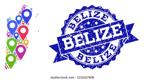 Compositions of colorful map of Belize and grunge stamp seal. Mosaic vector map of Belize is composed with colorful map markers. Flat design elements for touristic advertisement.