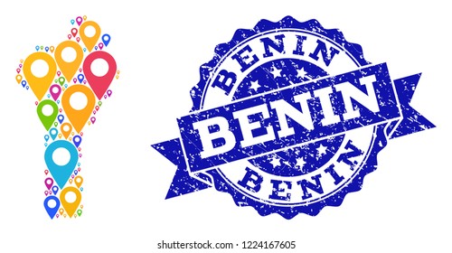 Compositions of colorful map of Benin and grunge stamp seal. Mosaic vector map of Benin is composed with colorful site markers. Abstract design elements for patriotic advertisement.