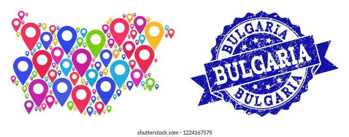 Compositions of colorful map of Bulgaria and grunge stamp seal. Mosaic vector map of Bulgaria is formed with colorful map pins. Flat design elements for patriotic illustrations.