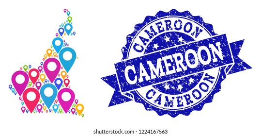 Compositions of colorful map of Cameroon and grunge stamp seal. Mosaic vector map of Cameroon is composed with colorful site markers. Flat design elements for site illustrations.