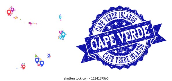 Compositions of colorful map of Cape Verde Islands and grunge stamp seal. Mosaic vector map of Cape Verde Islands is designed with colorful site pins. Abstract design elements for site posters.