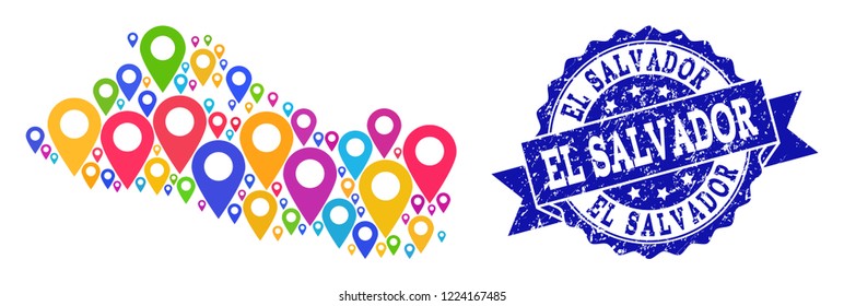 Compositions of colorful map of El Salvador and grunge stamp seal. Mosaic vector map of El Salvador is formed with bright site pointers. Abstract design elements for site guides.