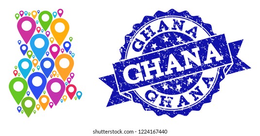 Compositions of colorful map of Ghana and grunge stamp seal. Mosaic vector map of Ghana is created with colorful map pins. Flat design elements for politic wallpapers. Blue stamp contains rosette,