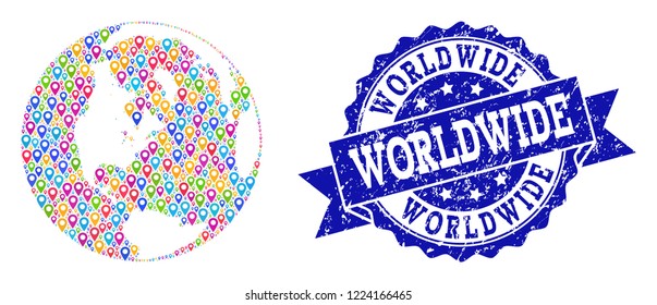 Compositions of colorful map of global world and grunge stamp seal. Mosaic vector map of global world is formed with colorful site markers. Abstract design elements for site purposes.