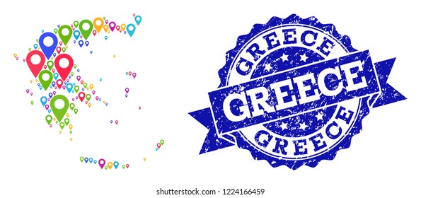 Compositions of colorful map of Greece and grunge stamp seal. Mosaic vector map of Greece is designed with colorful map pointers. Flat design elements for politic wallpapers.