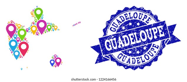 Compositions of colorful map of Guadeloupe and grunge stamp seal. Mosaic vector map of Guadeloupe is composed with colorful site pointers. Abstract design elements for touristic wallpapers.