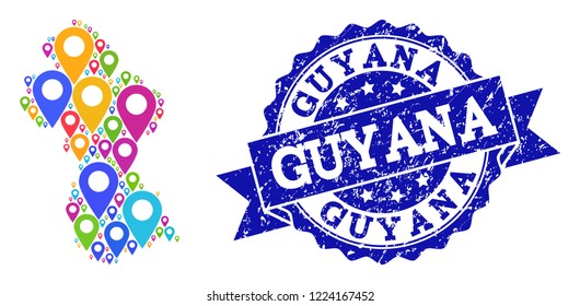 Compositions of colorful map of Guyana and grunge stamp seal. Mosaic vector map of Guyana is formed with colorful map pins. Abstract design elements for touristic purposes.