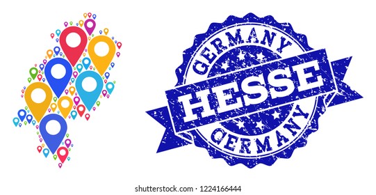 Compositions of colorful map of Hesse State and grunge stamp seal. Mosaic vector map of Hesse State is designed with colorful site pins. Flat design elements for site guides.