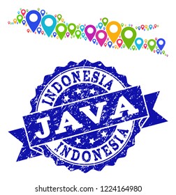 Compositions of colorful map of Java Island and grunge stamp seal. Mosaic vector map of Java Island is designed with colorful map pins. Abstract design elements for patriotic guides.