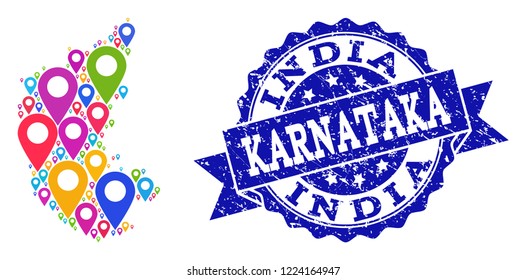 Compositions of colorful map of Karnataka State and grunge stamp seal. Mosaic vector map of Karnataka State is created with colorful site markers. Abstract design elements for site applications.