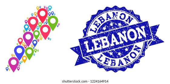 Compositions of colorful map of Lebanon and grunge stamp seal. Mosaic vector map of Lebanon is composed with colorful site pins. Flat design elements for site advertisement.