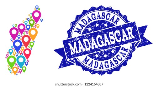 Compositions of colorful map of Madagascar Island and grunge stamp seal. Mosaic vector map of Madagascar Island is designed with colorful site markers. Abstract design elements for site posters.