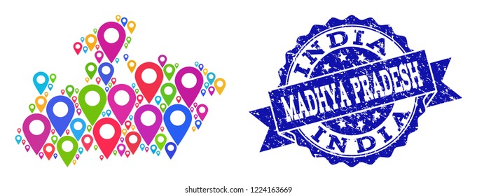 Compositions of colorful map of Madhya Pradesh State and grunge stamp seal. Mosaic vector map of Madhya Pradesh State is formed with colorful map pins. Abstract design elements for patriotic guides.