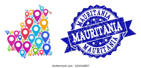 Compositions of colorful map of Mauritania and grunge stamp seal. Mosaic vector map of Mauritania is created with colorful site pointers. Flat design elements for touristic purposes.