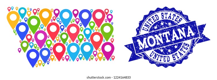 Compositions of colorful map of Montana State and grunge stamp seal. Mosaic vector map of Montana State is composed with colorful site pins. Flat design elements for patriotic illustrations.