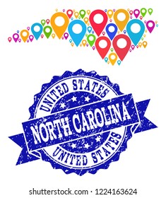 Compositions of colorful map of North Carolina State and grunge stamp seal. Mosaic vector map of North Carolina State is composed with colorful map pins.