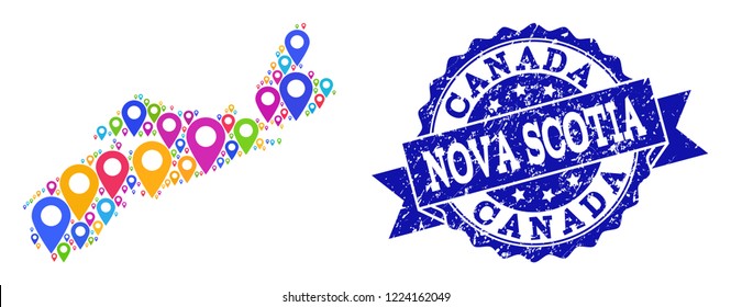 Compositions of colorful map of Nova Scotia Province and grunge stamp seal. Mosaic vector map of Nova Scotia Province is composed with bright site markers. Flat design elements for site wallpapers.