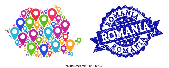 Compositions of colorful map of Romania and grunge stamp seal. Mosaic vector map of Romania is created with colorful site pins. Flat design elements for touristic projects.