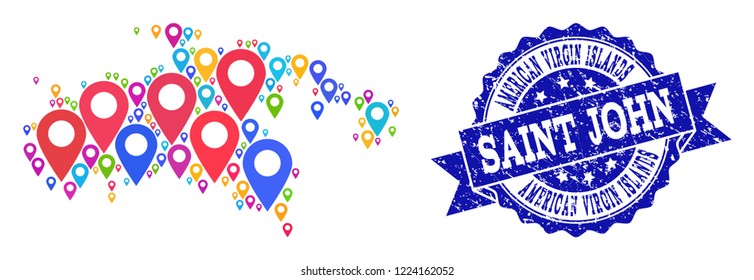 Compositions of colorful map of Saint John Island and grunge stamp seal. Mosaic vector map of Saint John Island is designed with colorful map pins. Flat design elements for patriotic wallpapers.