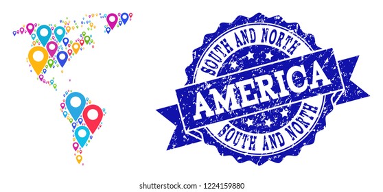 Compositions of colorful map of South and North America and grunge stamp seal. Mosaic vector map of South and North America is formed with colorful site pointers.