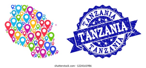 Compositions of colorful map of Tanzania and grunge stamp seal. Mosaic vector map of Tanzania is formed with colorful site markers. Flat design elements for site applications.